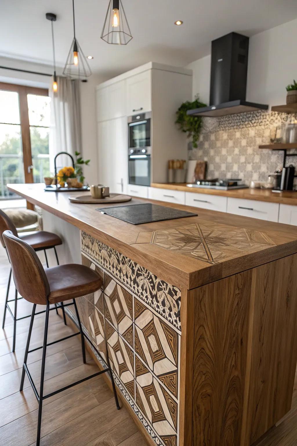 Geometric embellishments appending an artistic hint to timber counters.