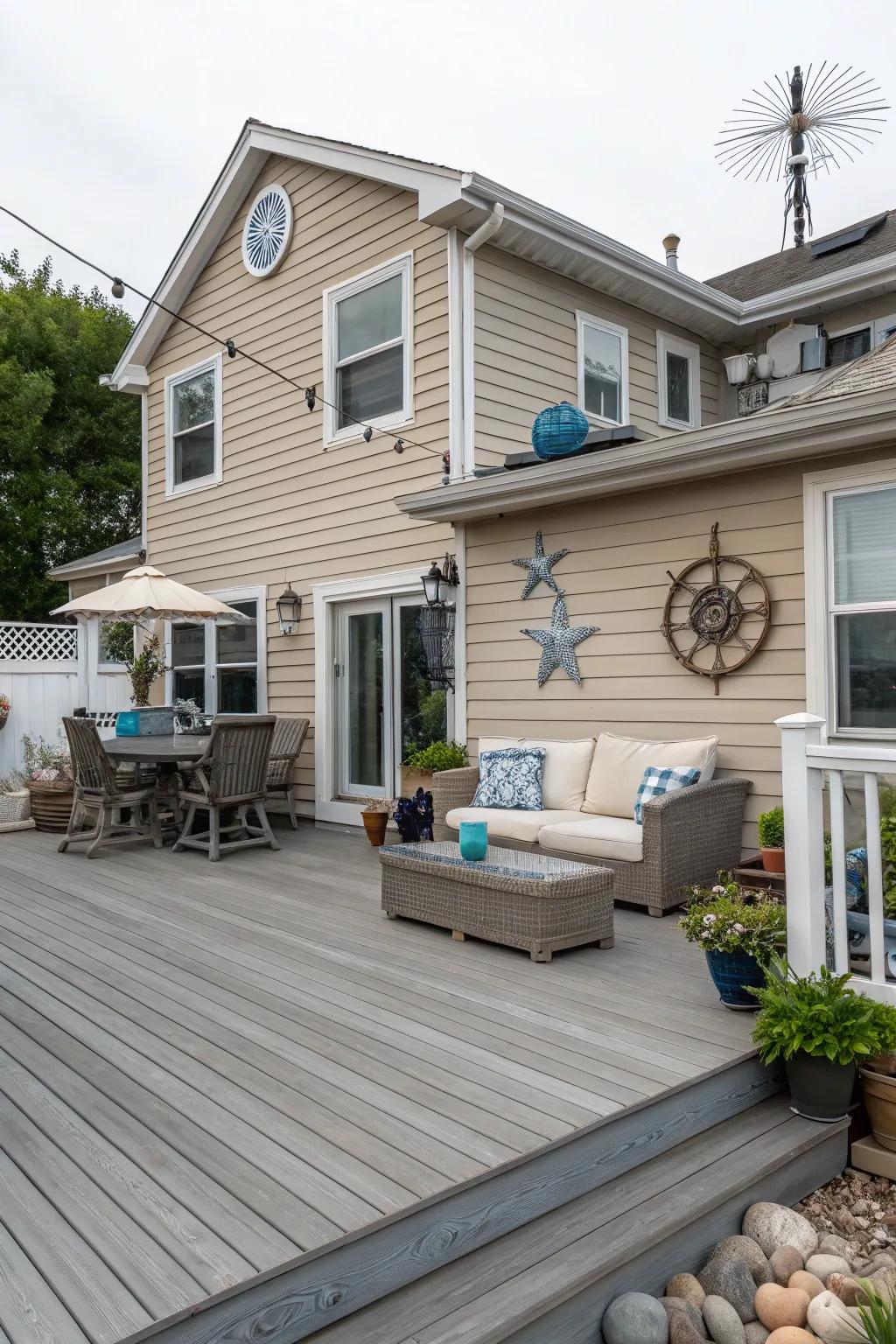 Driftwood gray decking evokes a coastal feel, beautifully complementing a tan house.