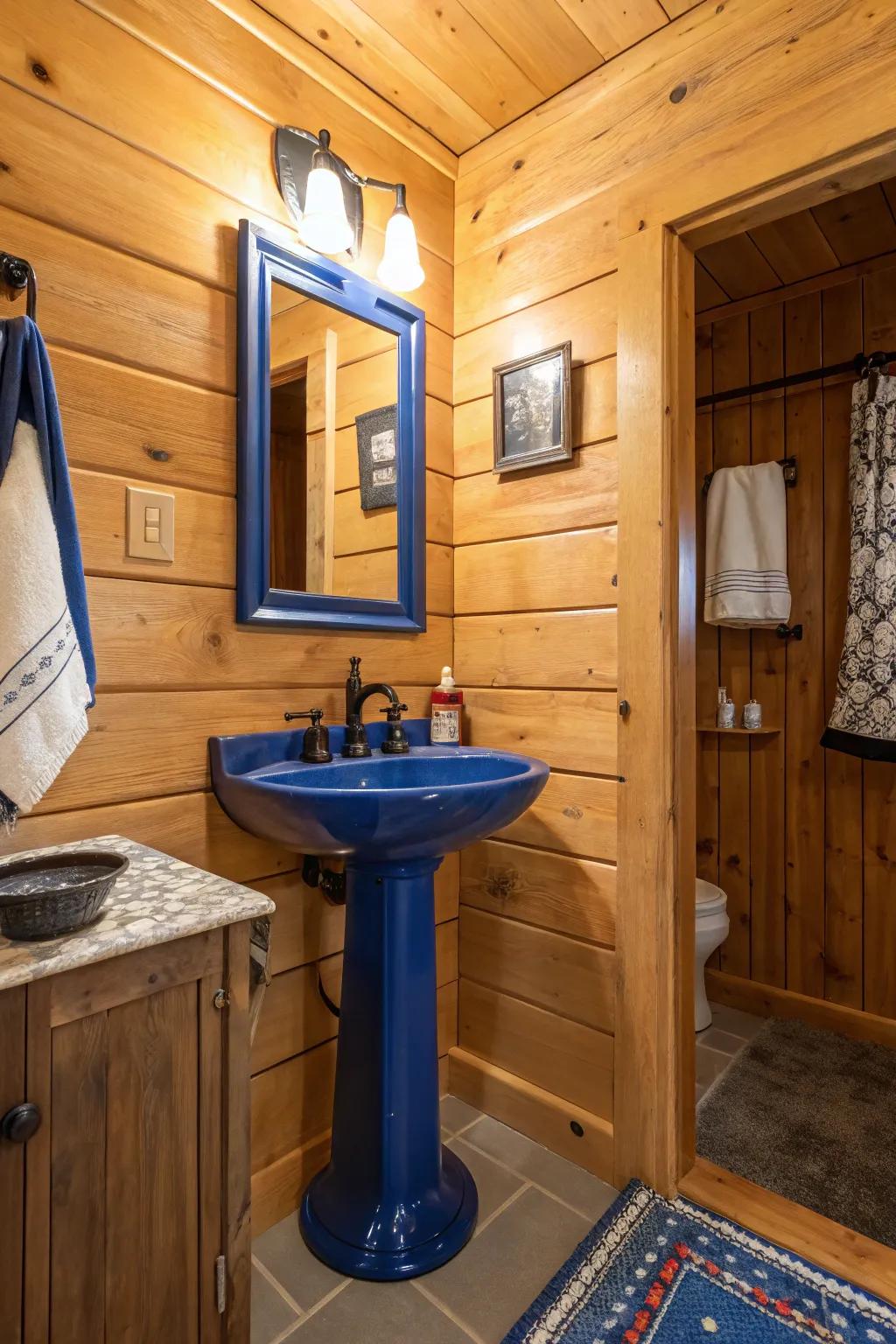 A sudden pop of strong color against wood walls.