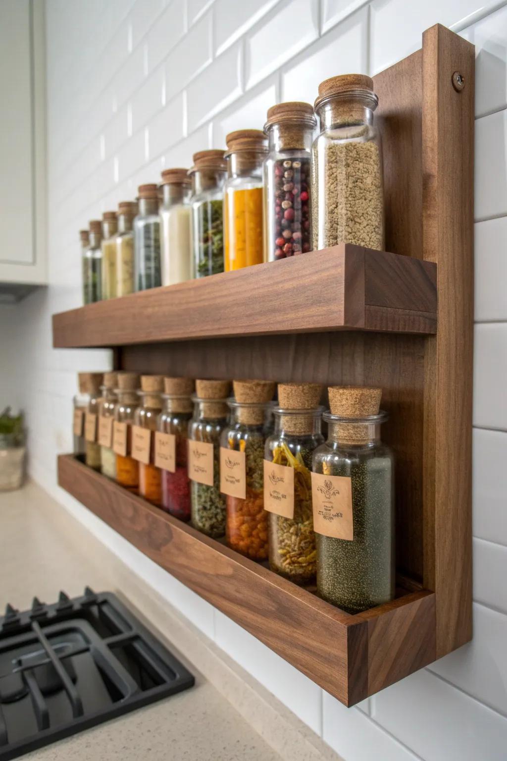 Elevate your kitchen style with a bespoke wooden spice rack that marries form and function.