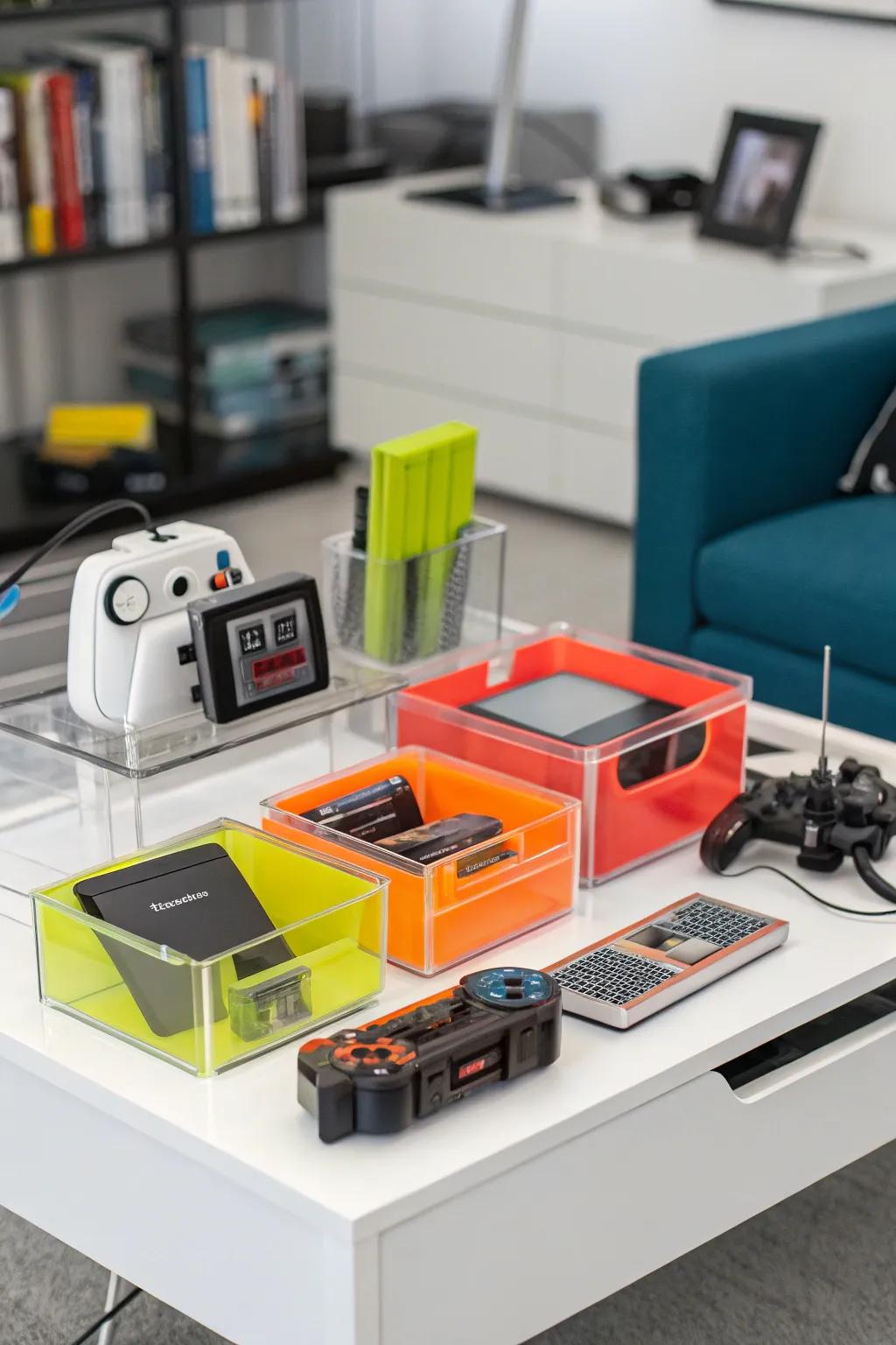 Tech-referenced decor pieces blend style and functionality in a Y2K room.