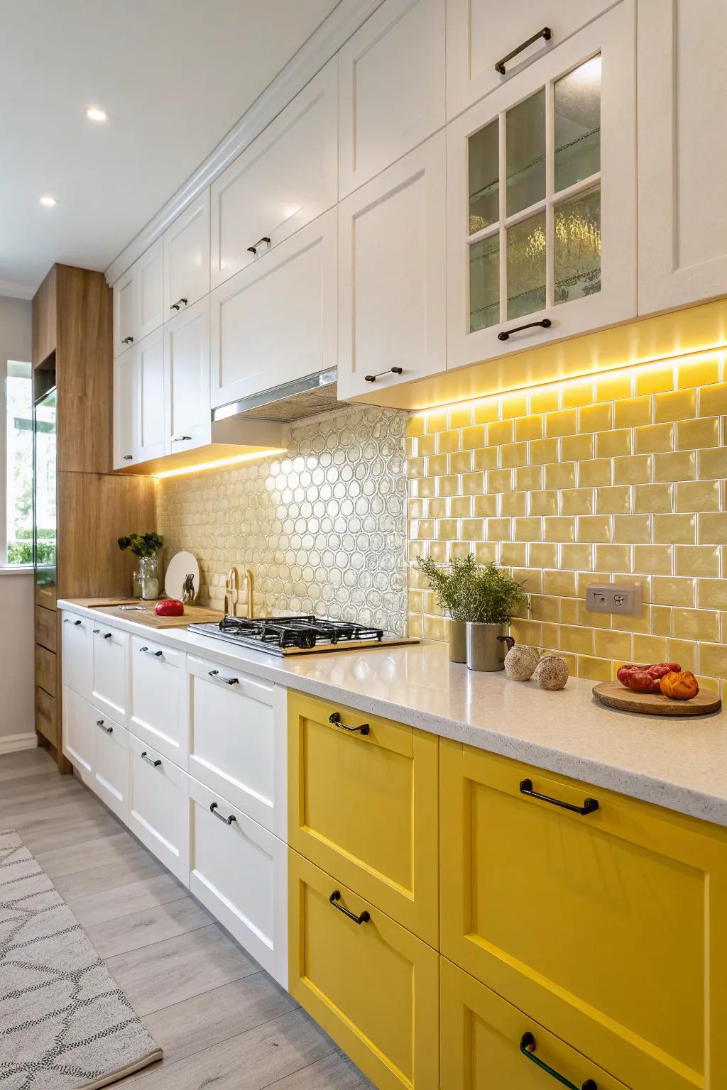 A dual-tone backsplash creates a striking visual impact.