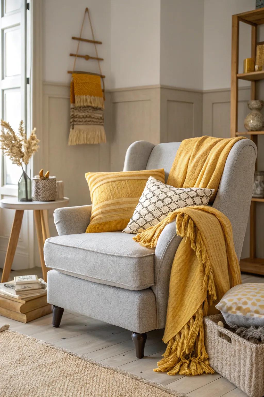 A cozy corner featuring layered yellow decor.