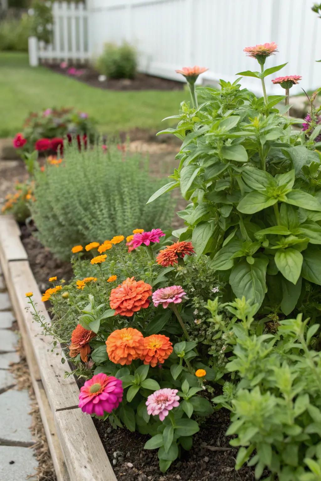 A fragrant and vibrantly colored garden patch, showcasing Glowblooms intertwined with aromatic herbs.