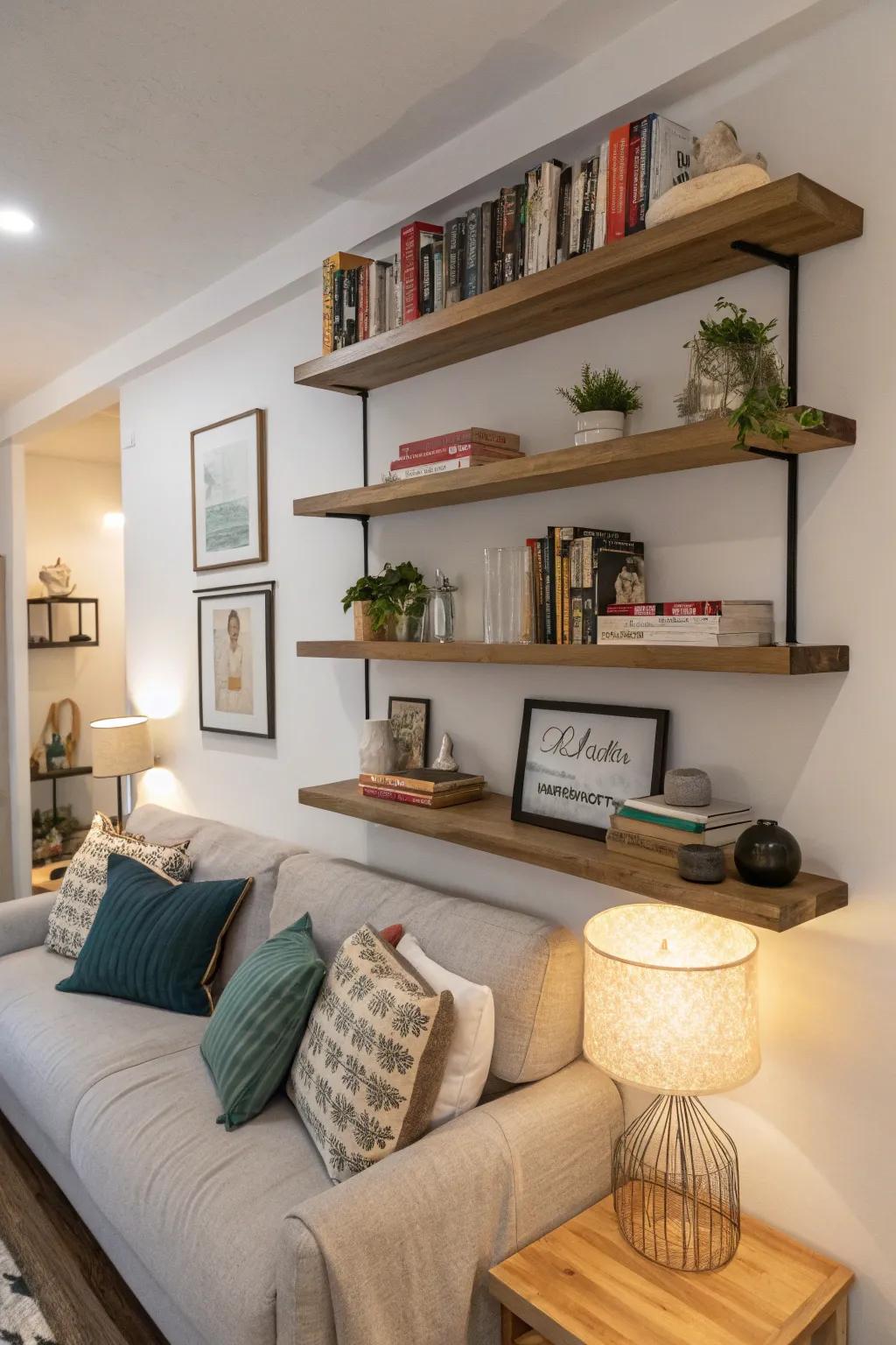 Floating shelves offer style without the bulk.