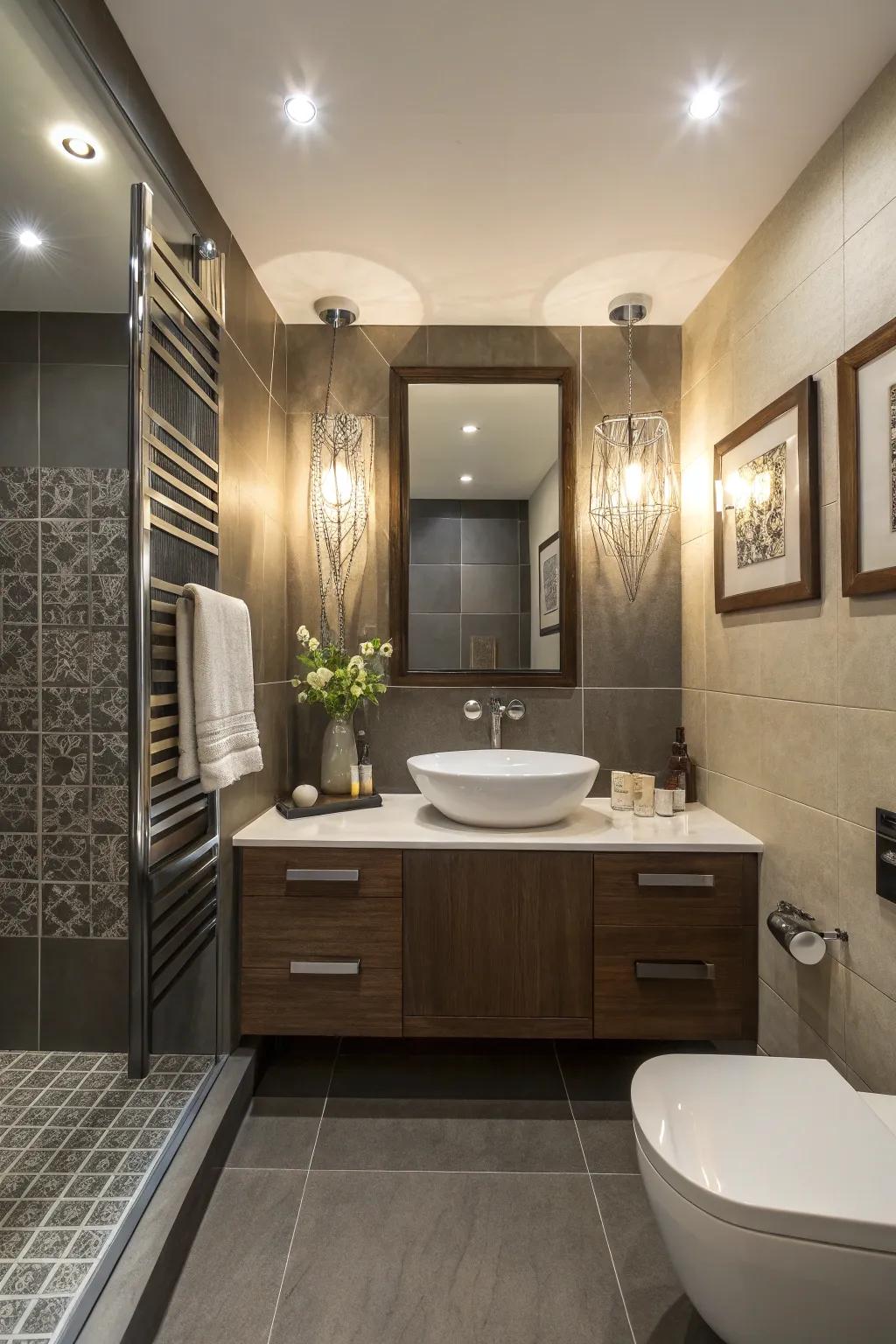 Accent lighting highlights the features of this half bath.