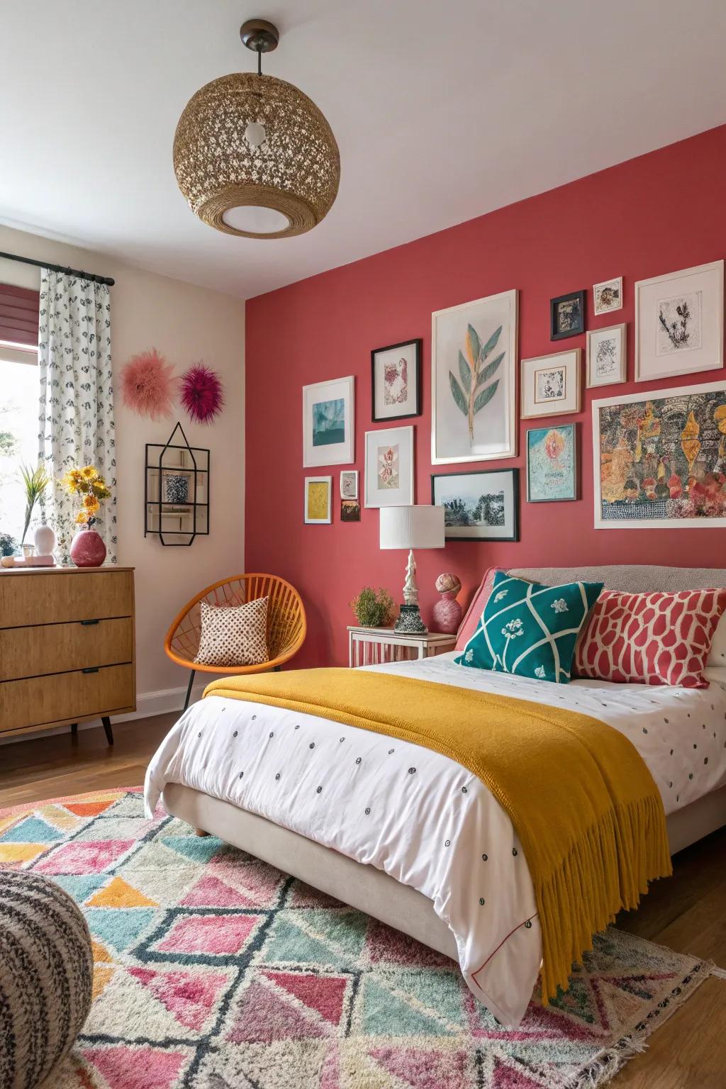 A bold accent wall that transforms the bedroom's aesthetic.