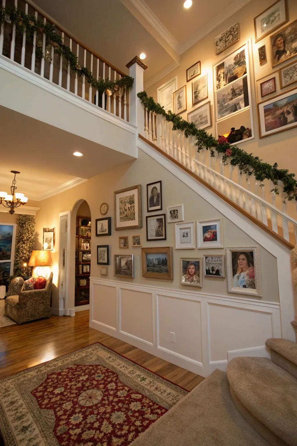 Individual embellishments like family portraits contribute warmth to the entryway.
