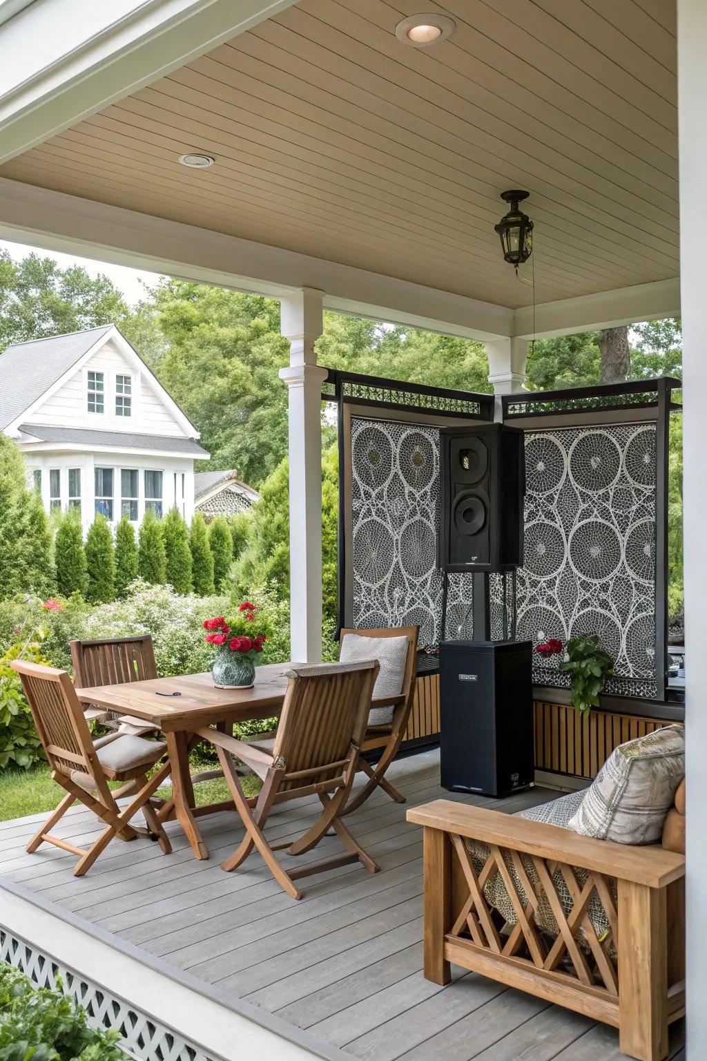 An audio hub deepening the porch's relaxation element.