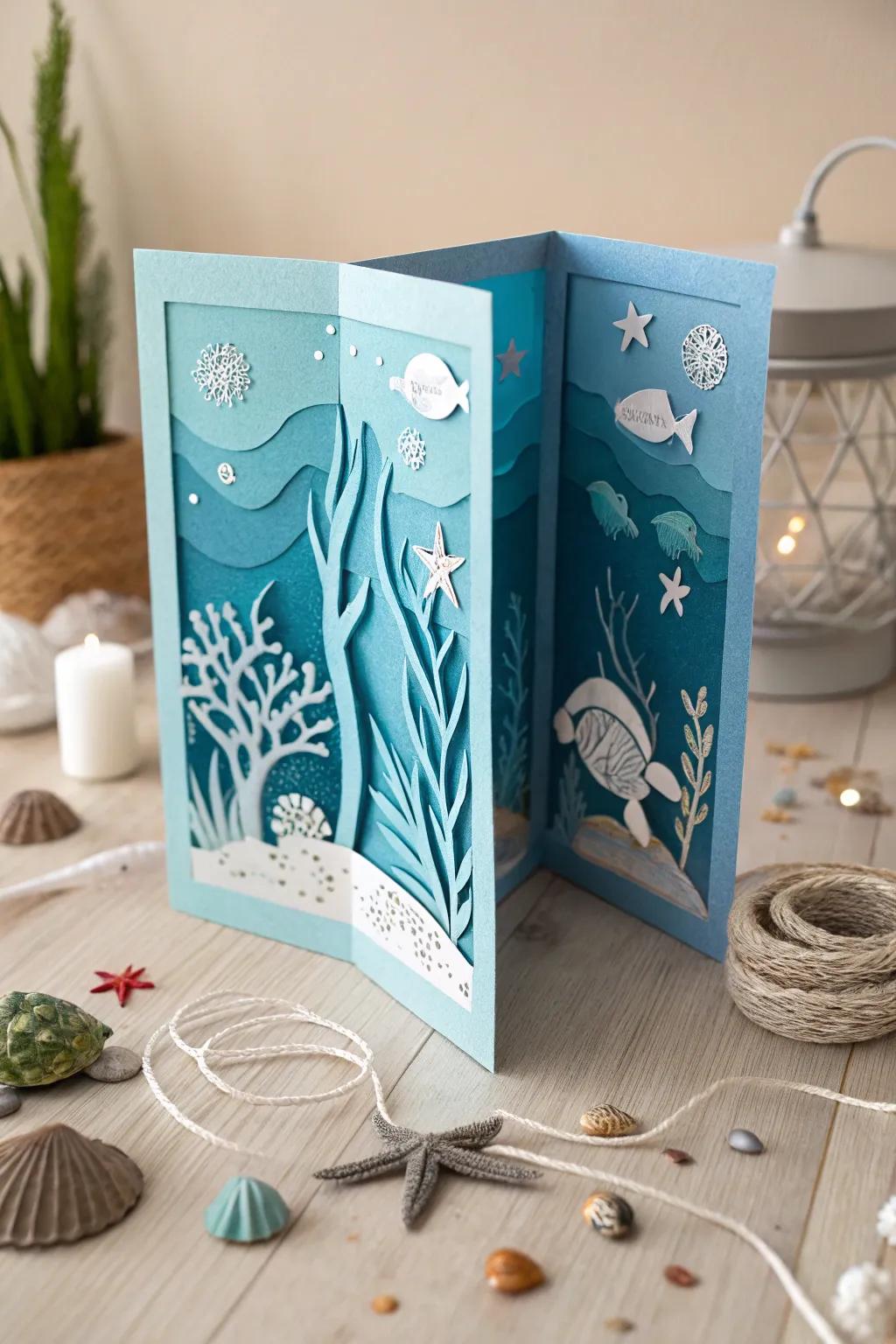 Dive into a 3D ocean adventure with this stunning handmade card, where simplicity meets the beauty of the sea.