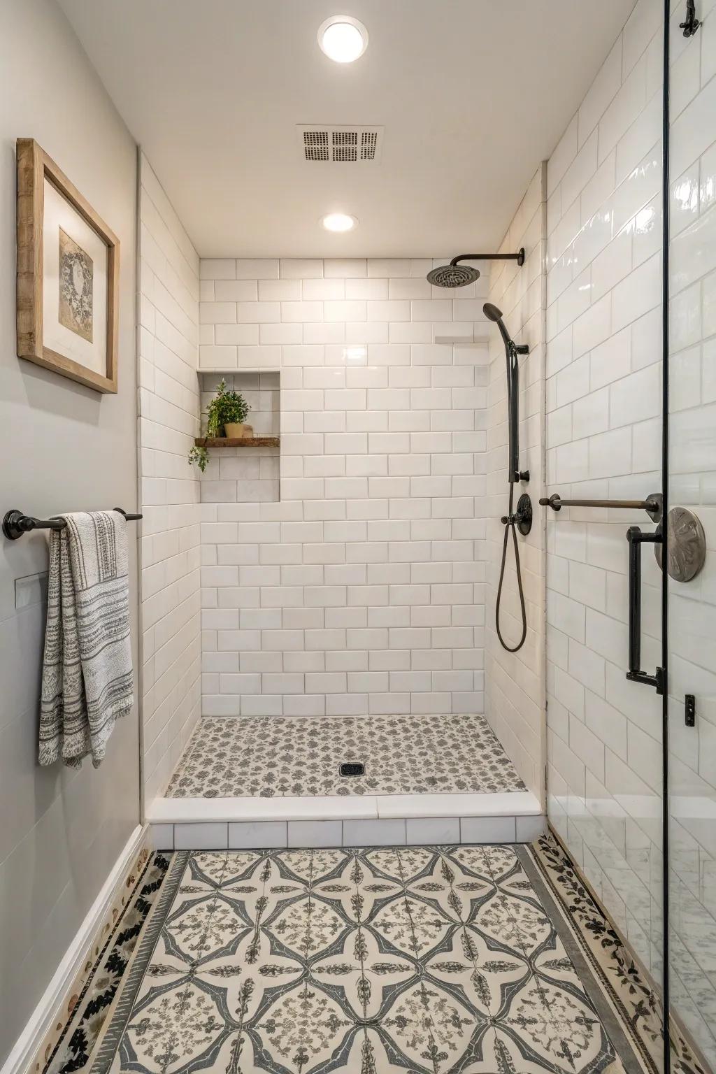 Patterned floors infuse a sense of flair and individuality into a small shower.