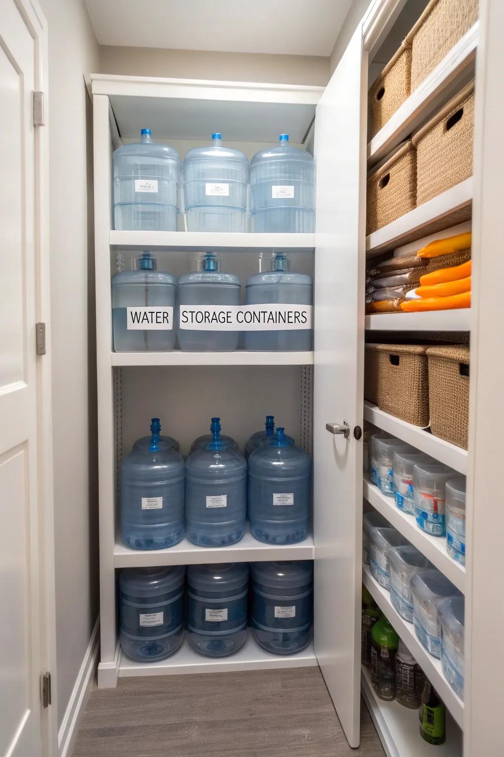 A dedicated wardrobe keeps water reserves organized and handy.