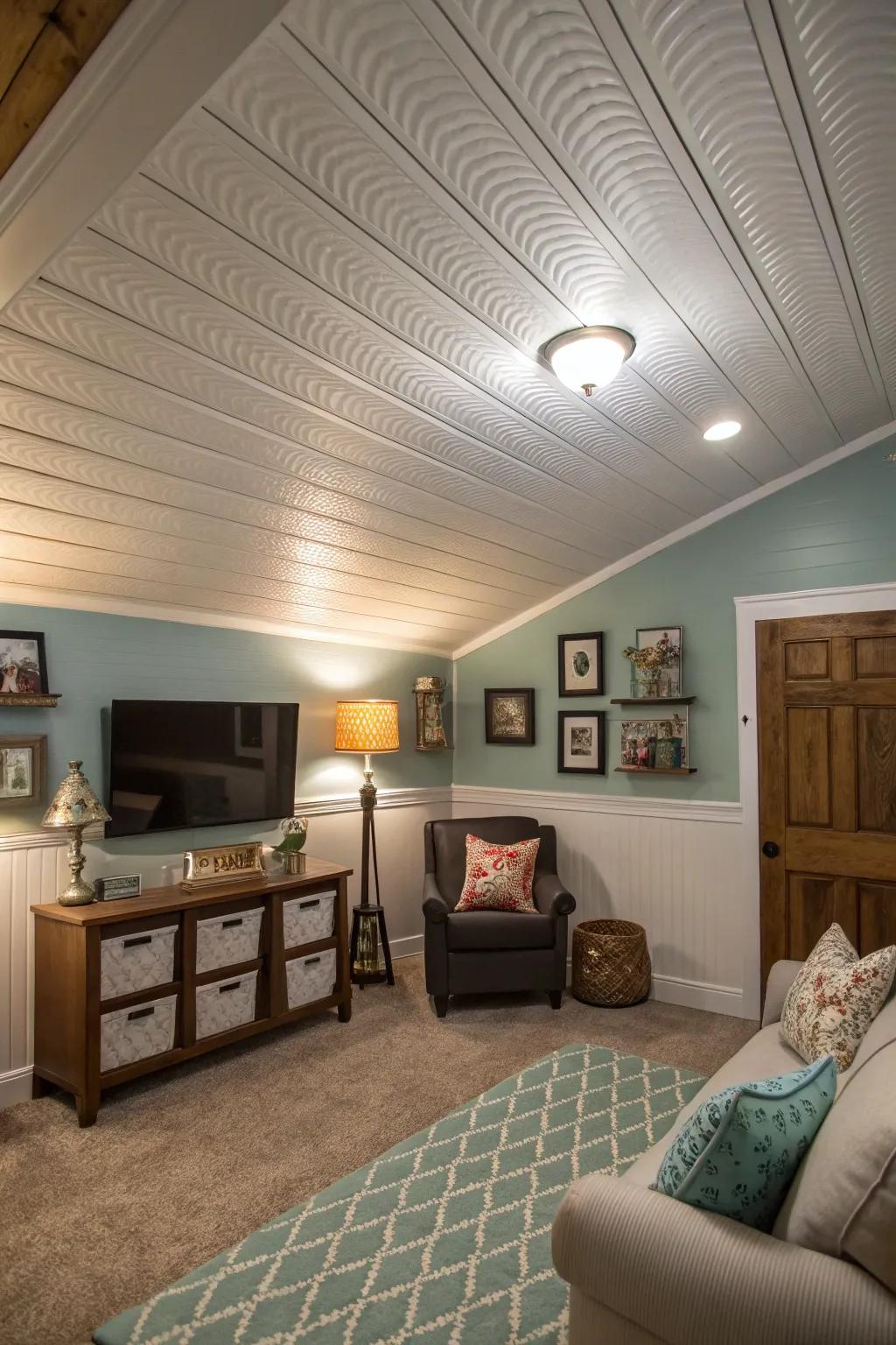 A textured ceiling adds visual interest.