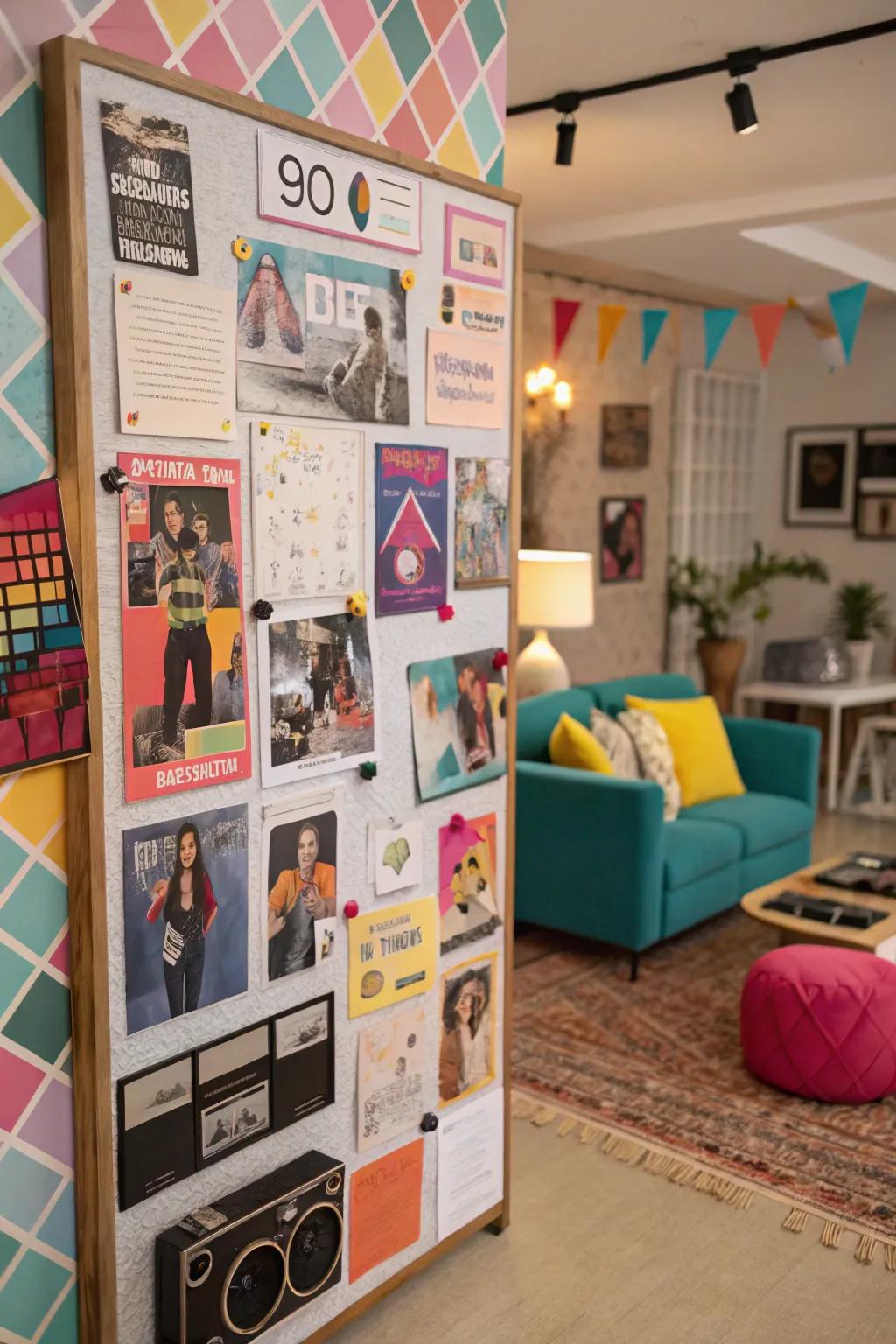 An eclectic assortment of 80s themes adorning a vibrant pinboard.