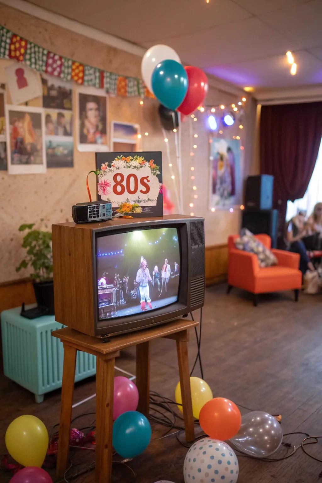 A vintage TV display adds an authentic touch to your 80s theme party.