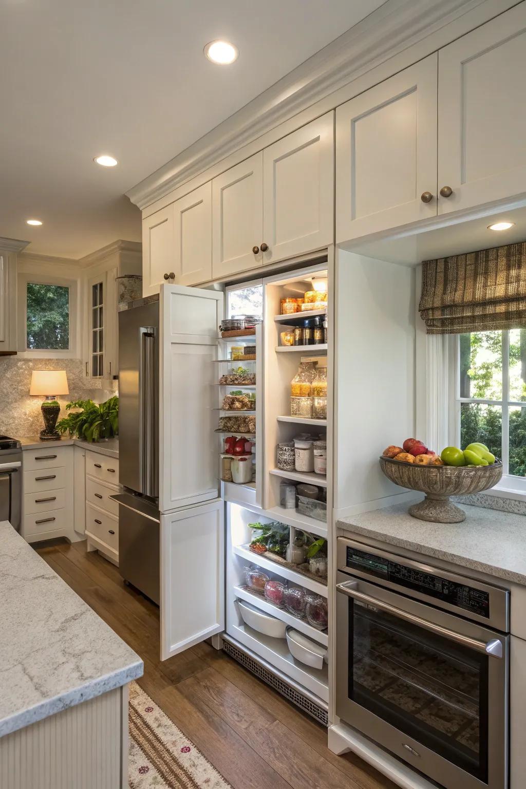 Narrow cabinetry bestows discreet stowage above the refrigerator.