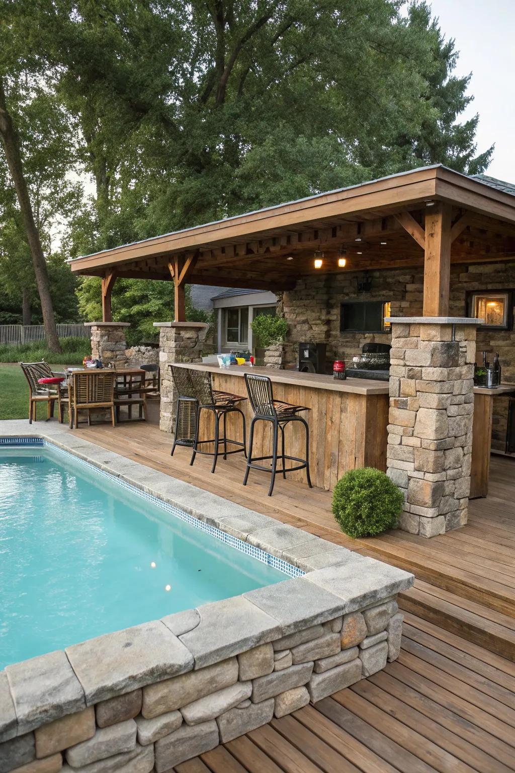 Stone elements introduce rustic charm to your poolside bar.