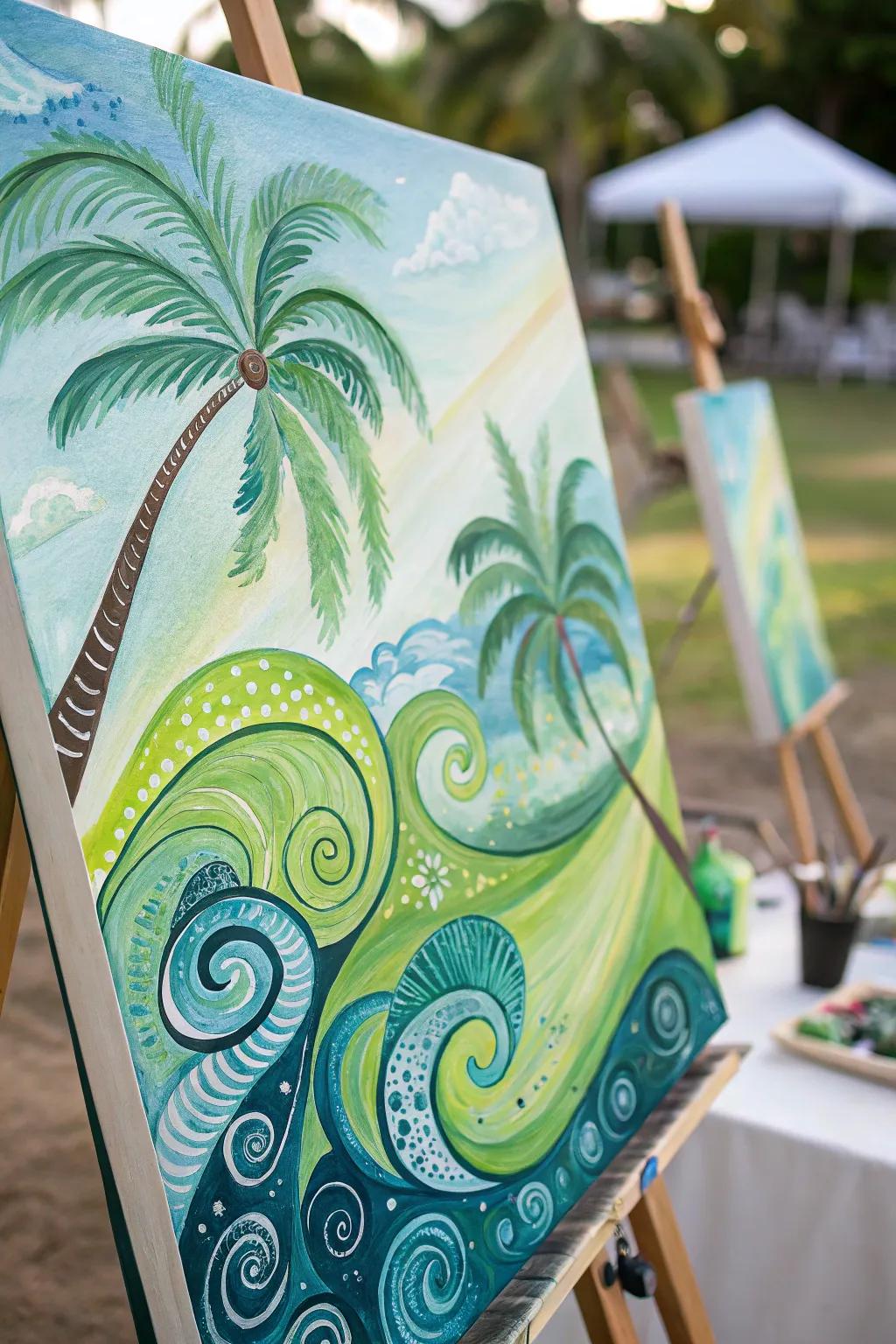 An abstract watercolor featuring tropical themes.