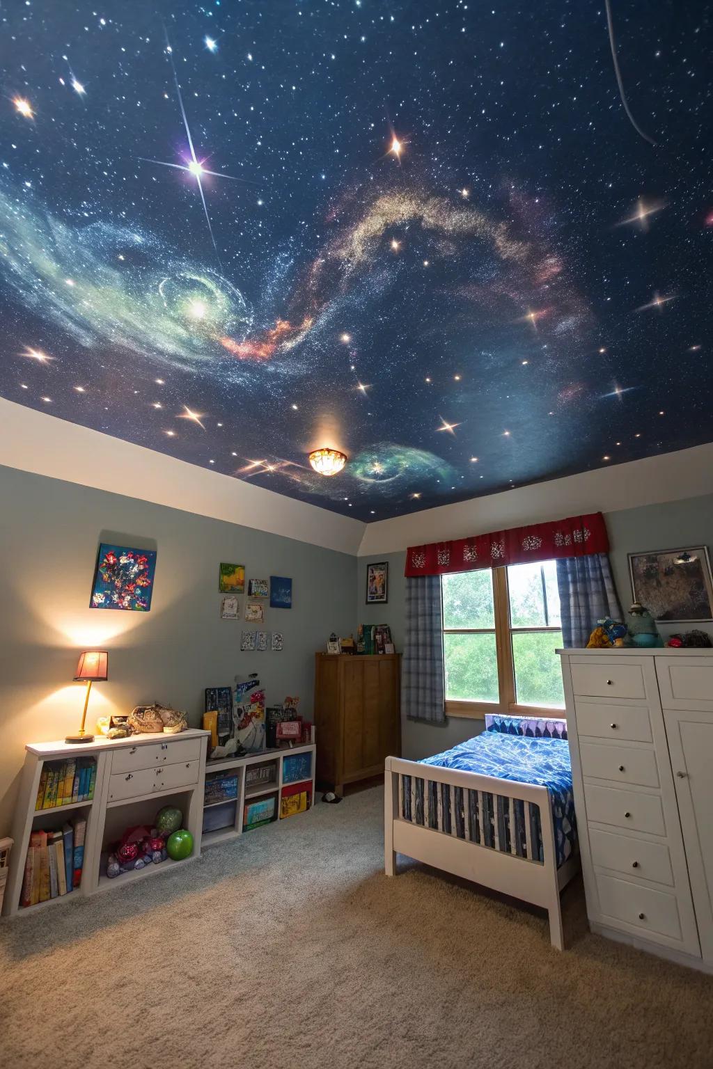 A starry night sky mural turns this ceiling into an enchanting feature.