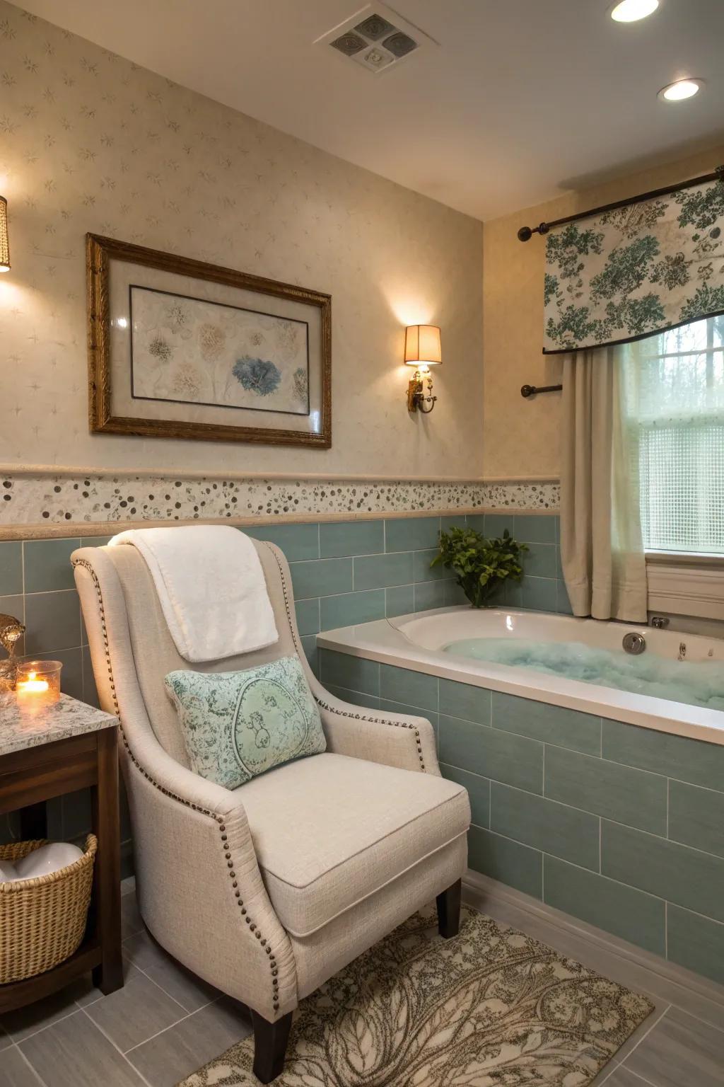 An accent chair in the bathroom offers a spa-like retreat.