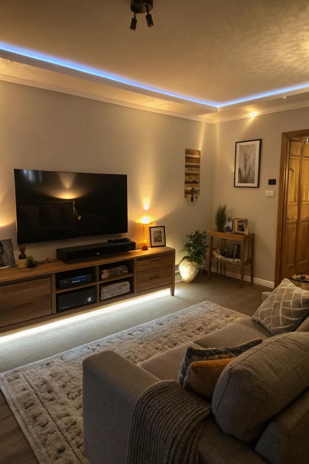 Hidden LED strips offer a modern, subtle glow.
