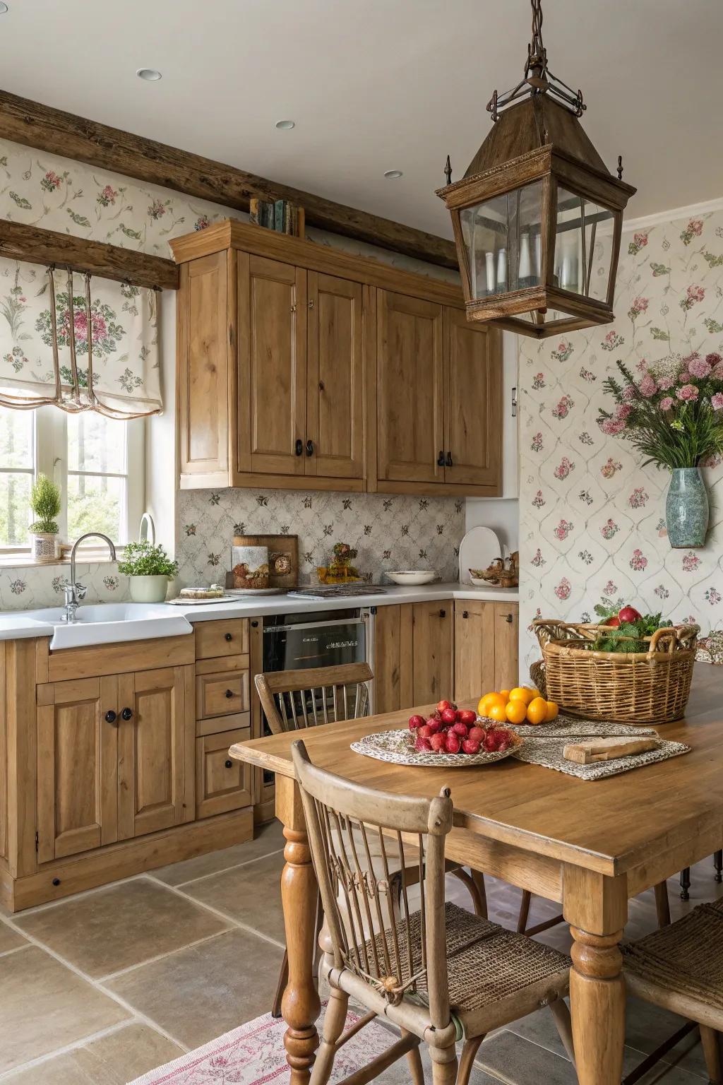 Farmhouse-style wallpaper adds rustic charm to a cozy cooking area.