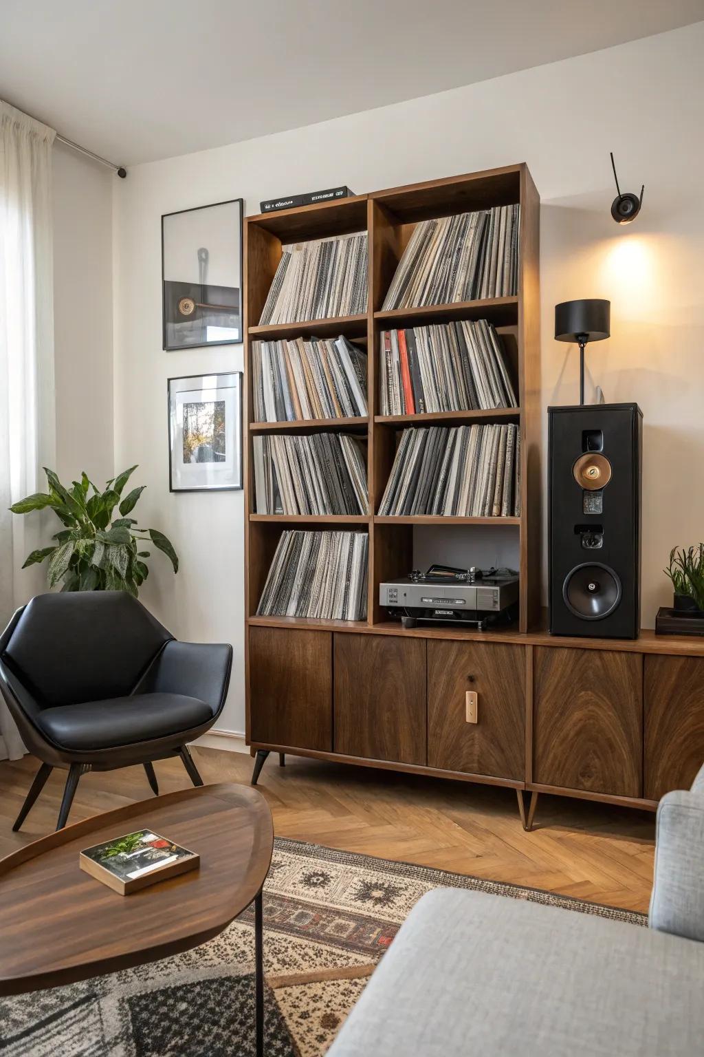 An expandable bookcase ready to accommodate a growing collection of vinyl records.
