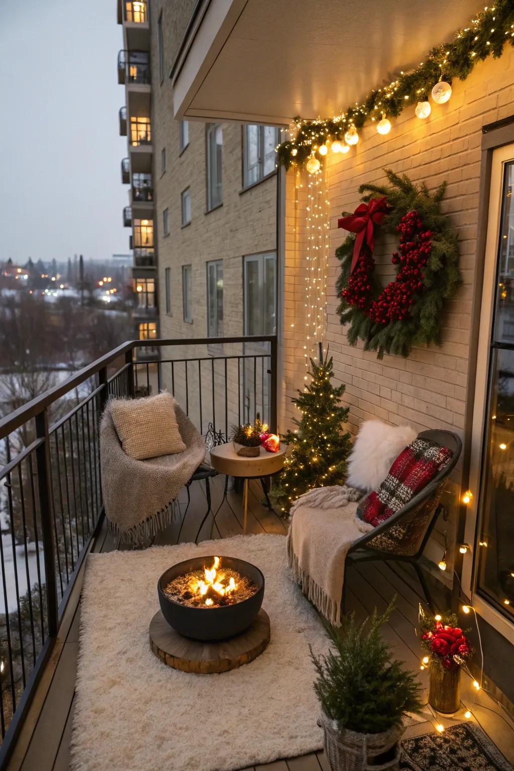 A fire well imparts warmth and coziness to this celebratory balcony.