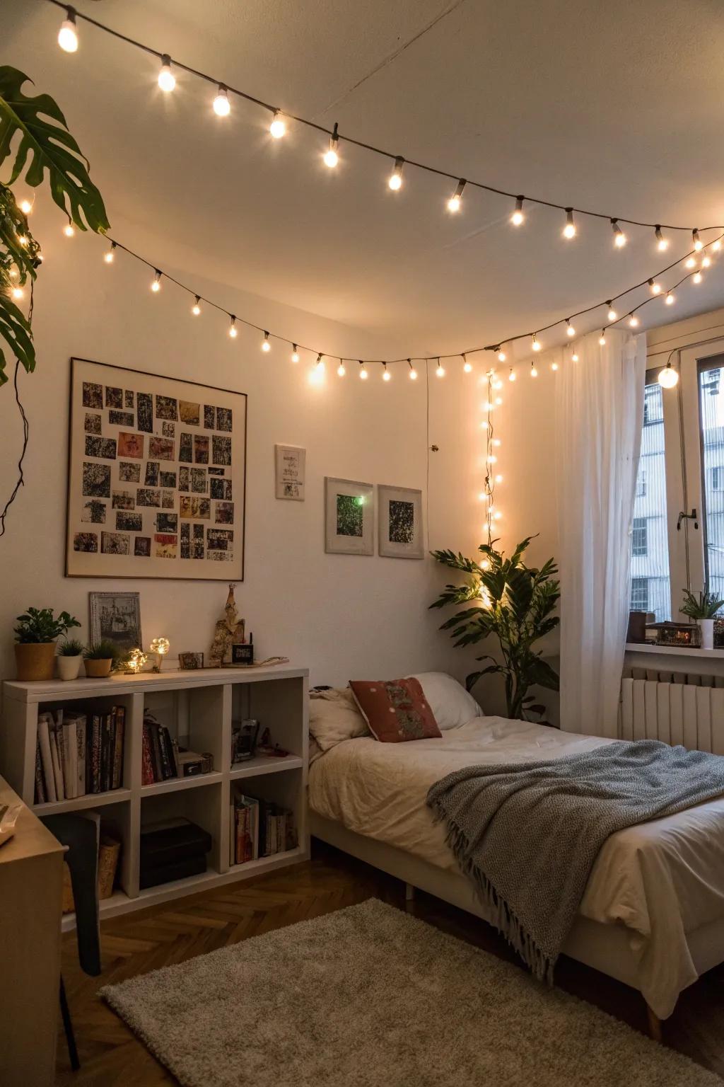 An apartment bedroom illuminated by charming DIY string lighting.