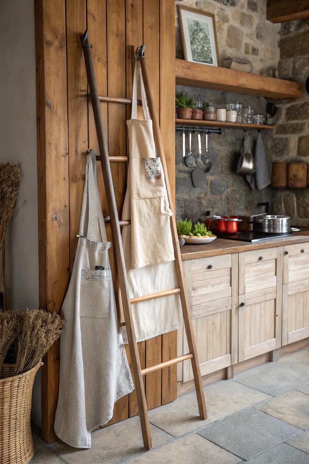 An ornamental ladder offers a practical and appealing apron display.
