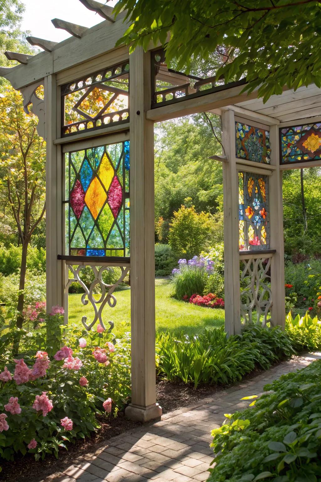 A vibrant arbor with beautiful mosaic glass accents.