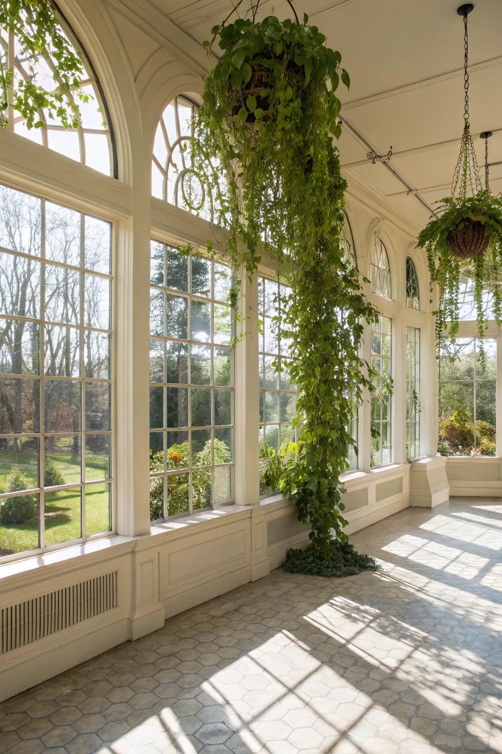 A luminous sunroom is enhanced with an indoor espalier on arched windows, creating a fresh and vibrant sanctuary.
