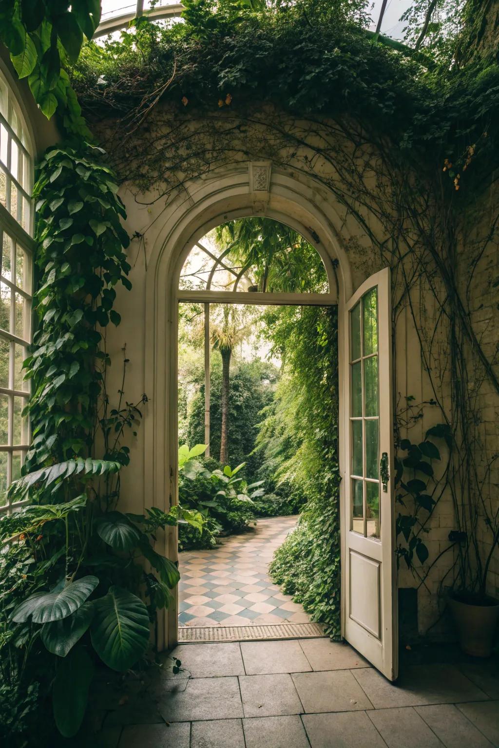 A nature-inspired archway door, beautifully adorned with climbing vines.