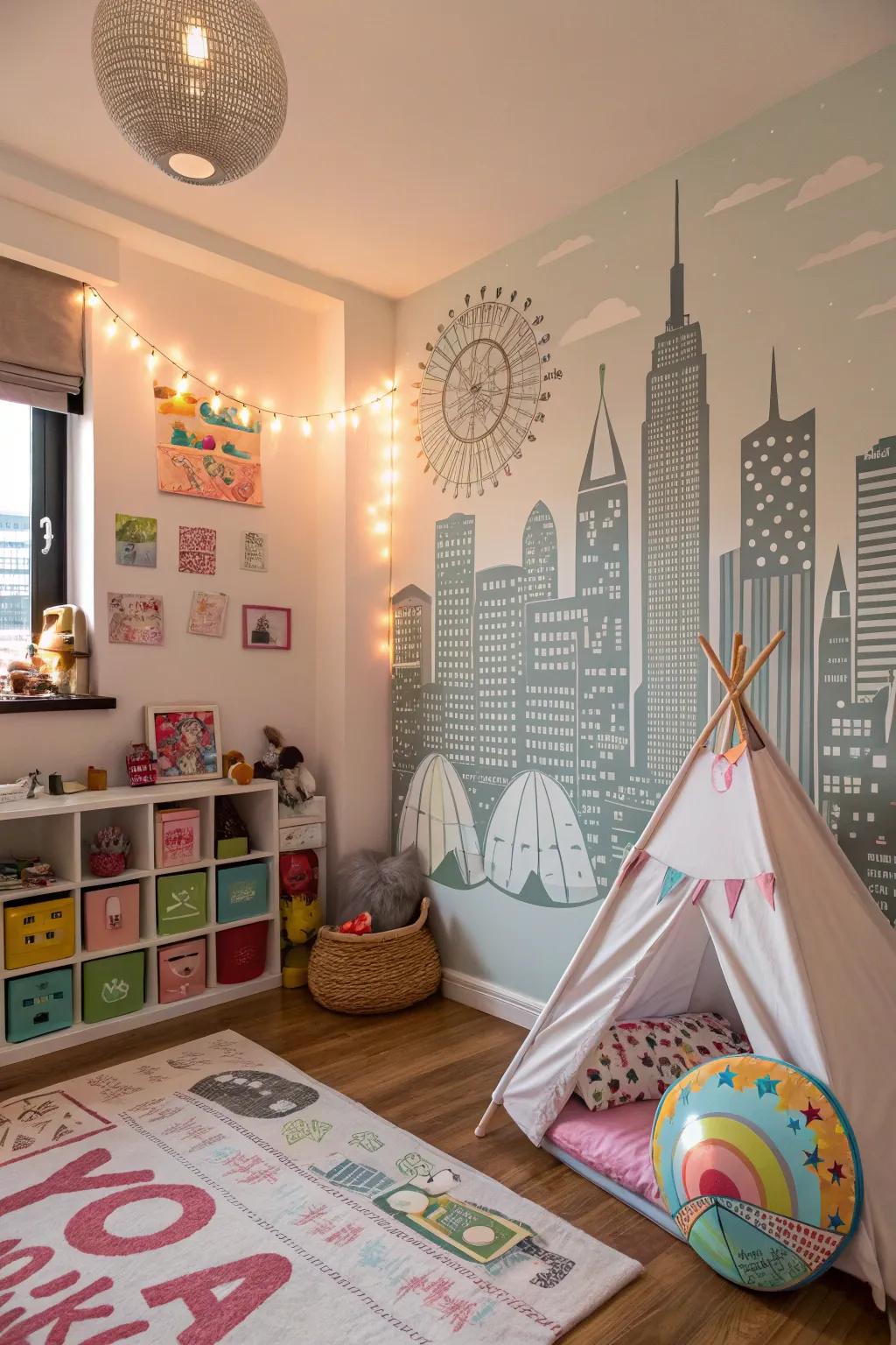 A DIY wall mural presenting a city skyline transforms this child's chamber into a whimsical getaway.