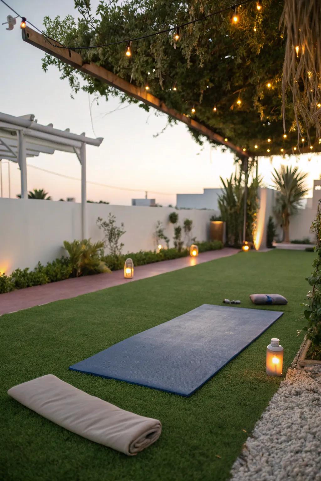 An inspiring yoga studio on vibrant artificial grass.