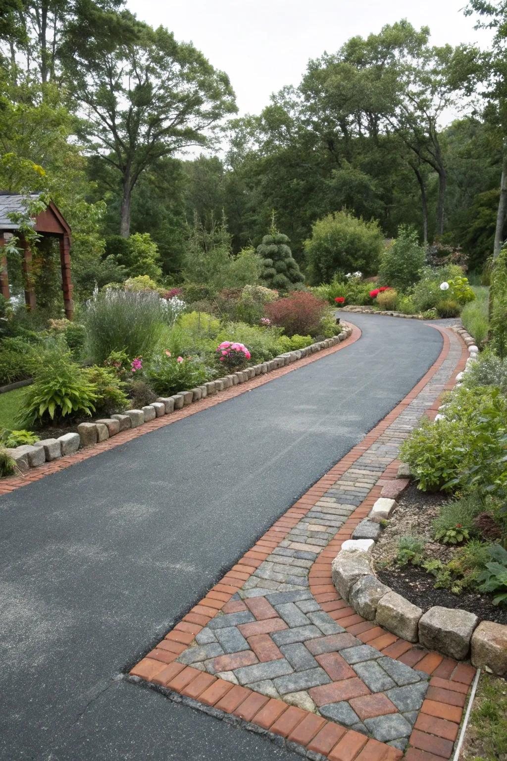 Recycled bricks offer an eco-friendly and charming border for this sustainable driveway.