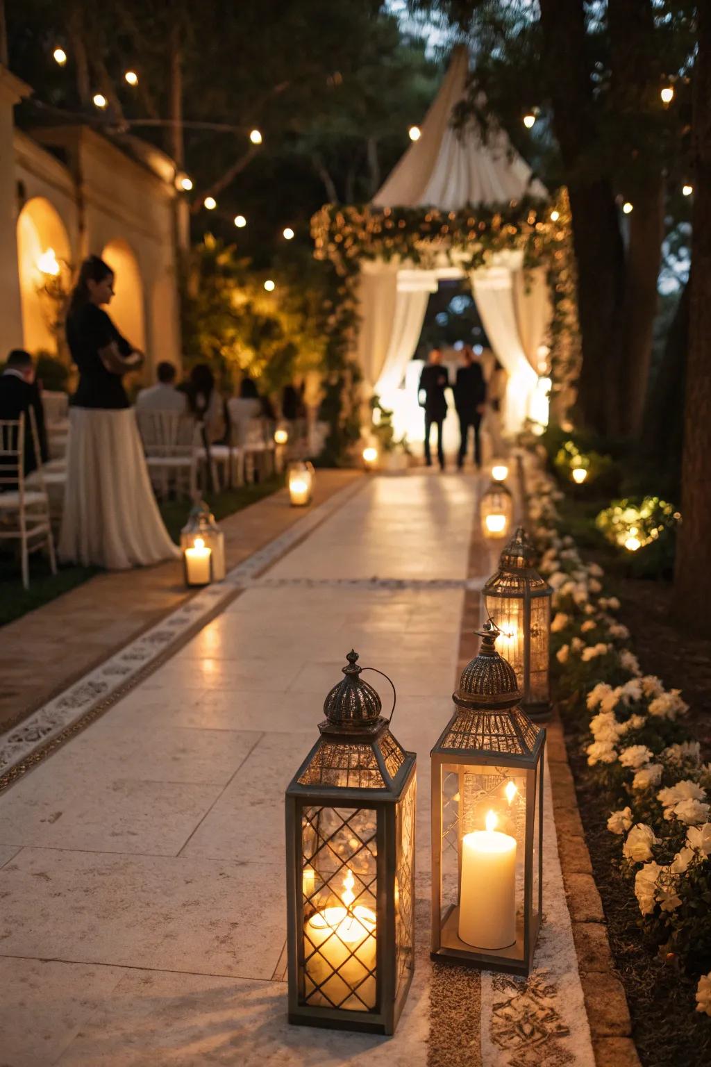 Candlelit pathways create a romantic and enchanting atmosphere.