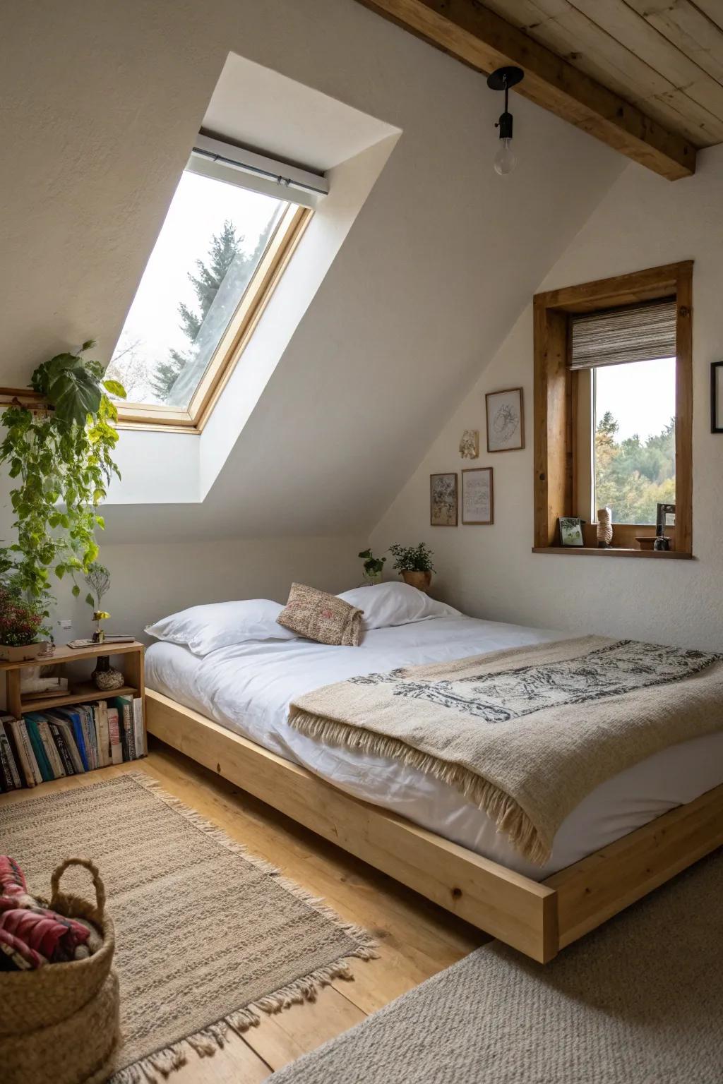 A low bed structure enhances the sense of space in your attic bedroom.