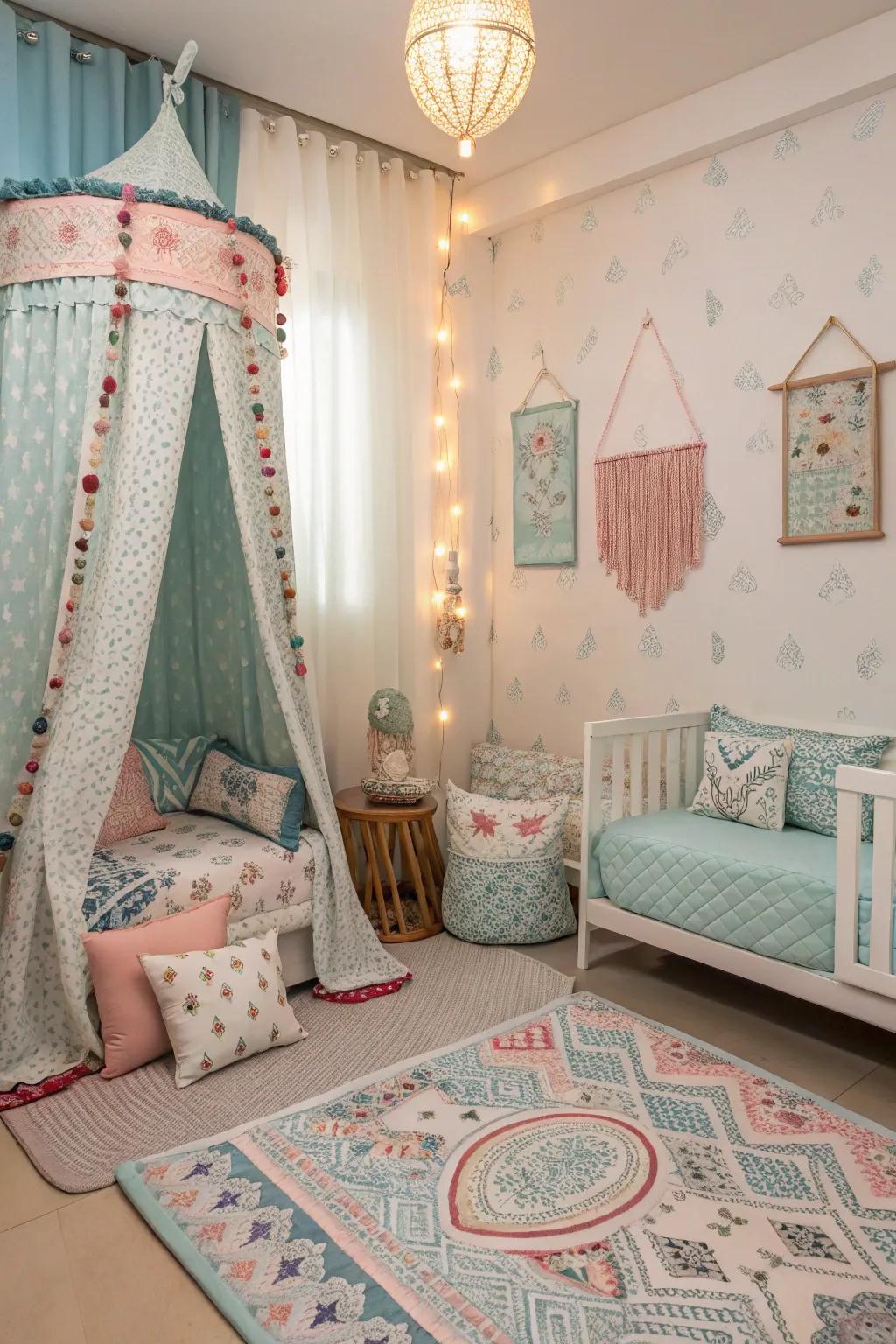 Patterns bring visual interest to a serene sky blue bedroom.