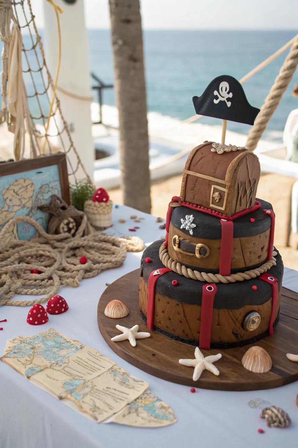 A pirate-inspired cake featuring adventurous decorations.