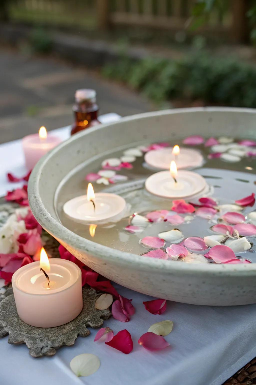Inviting centerpiece with soaring lights and petals.
