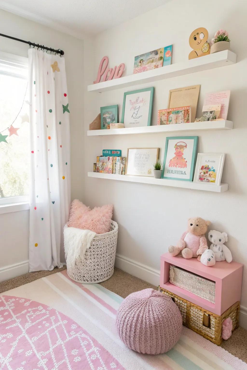 Hanging shelves provide stylish storage.