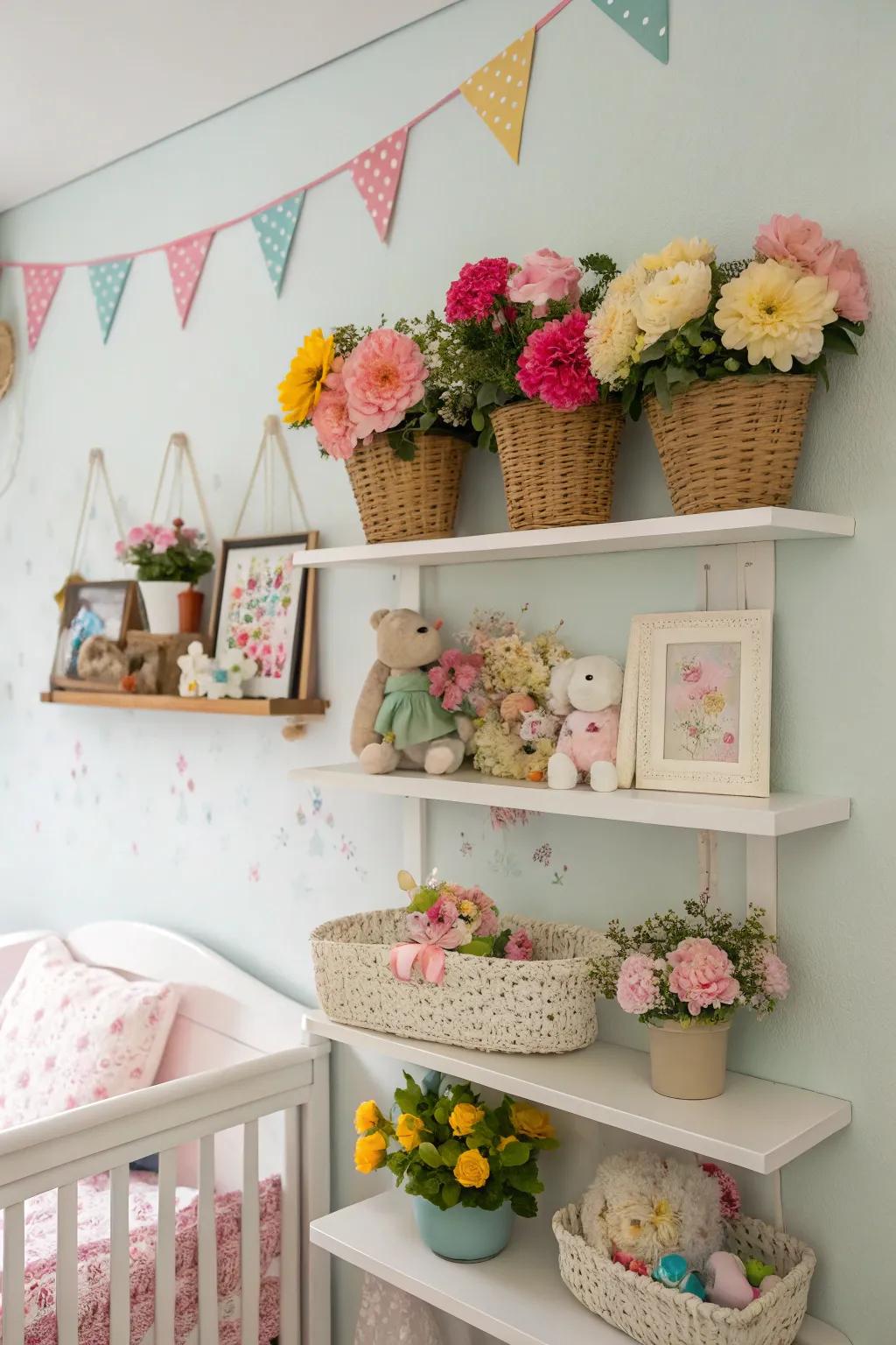 Wall shelves showcase floral-themed decor stylishly.