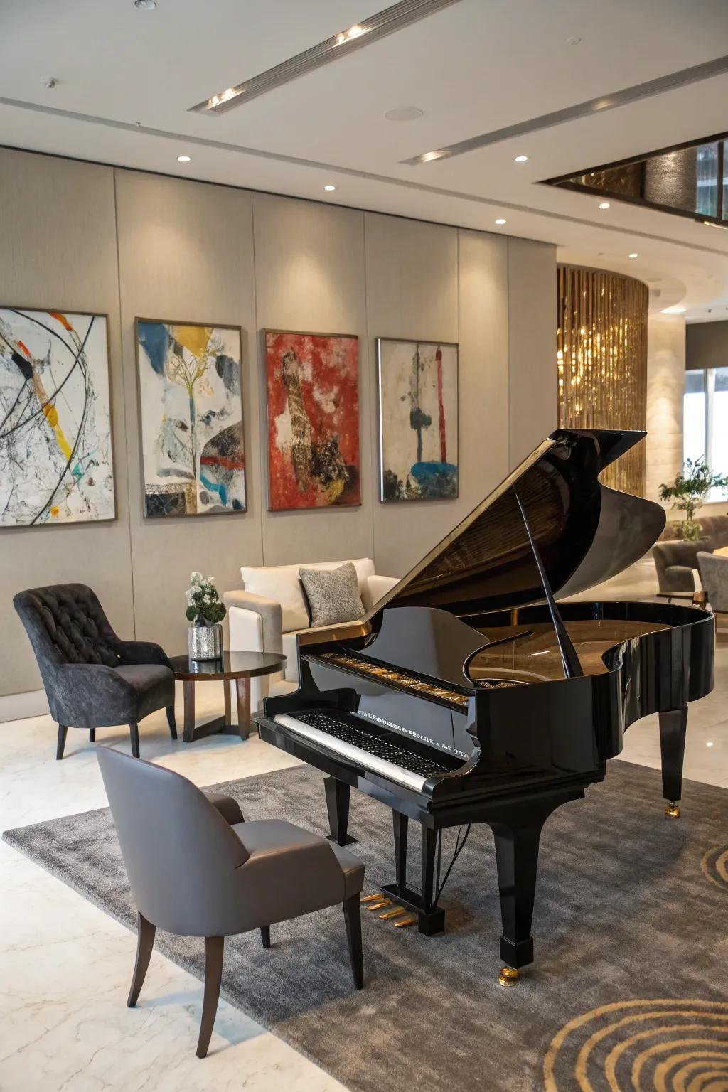 Modern components establish a contemporary vibe encircling the piano.
