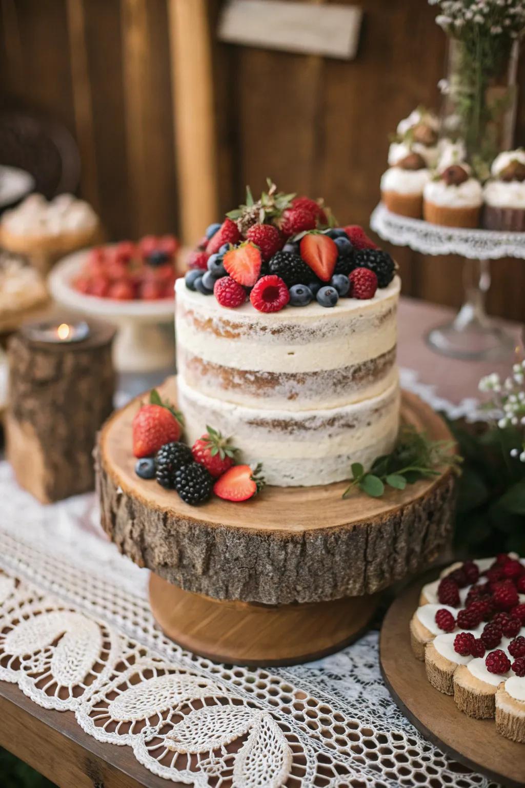 A countryside visible layered confection adorned with fresh berries.