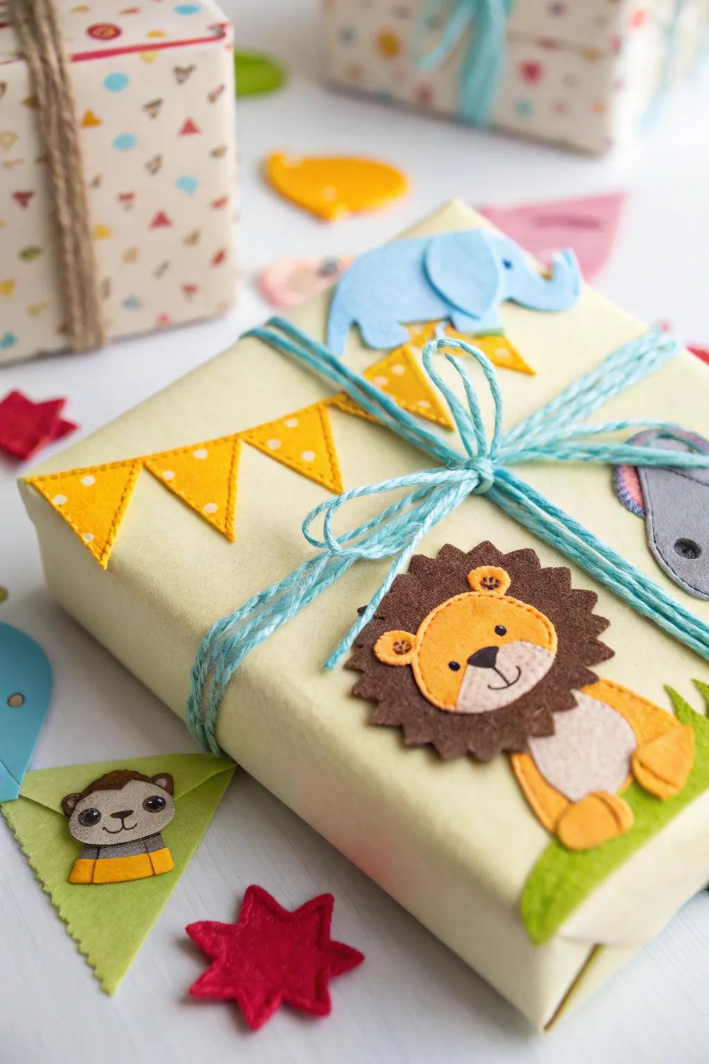A playful gift decorated with felt animal cutouts, ideal for a baby shower.