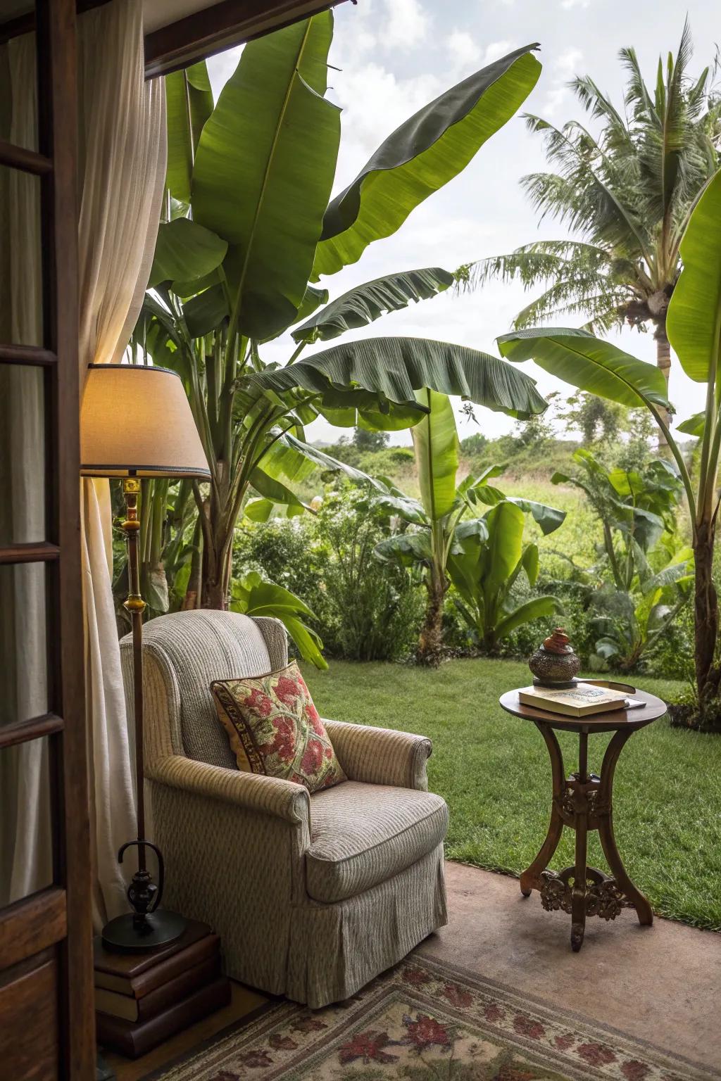 Escape with a good book in a rich reading nook hugged by banana trees.