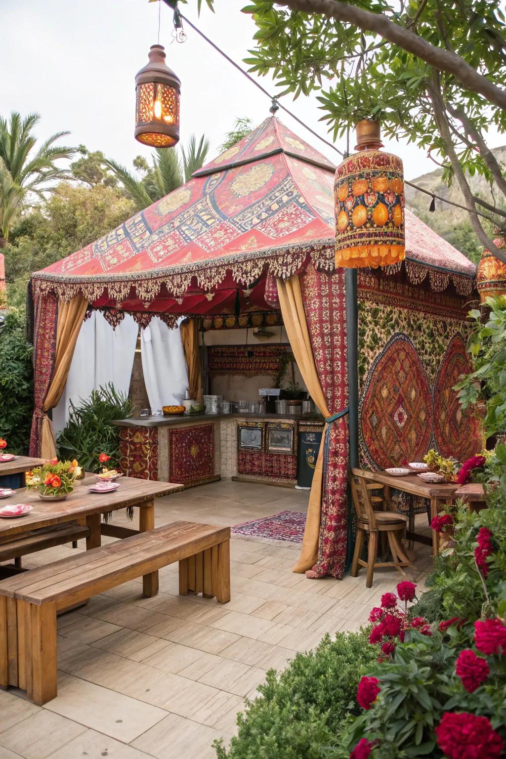 An Eastern tent contributes an exotic and vibrant flair to your outdoor kitchen.