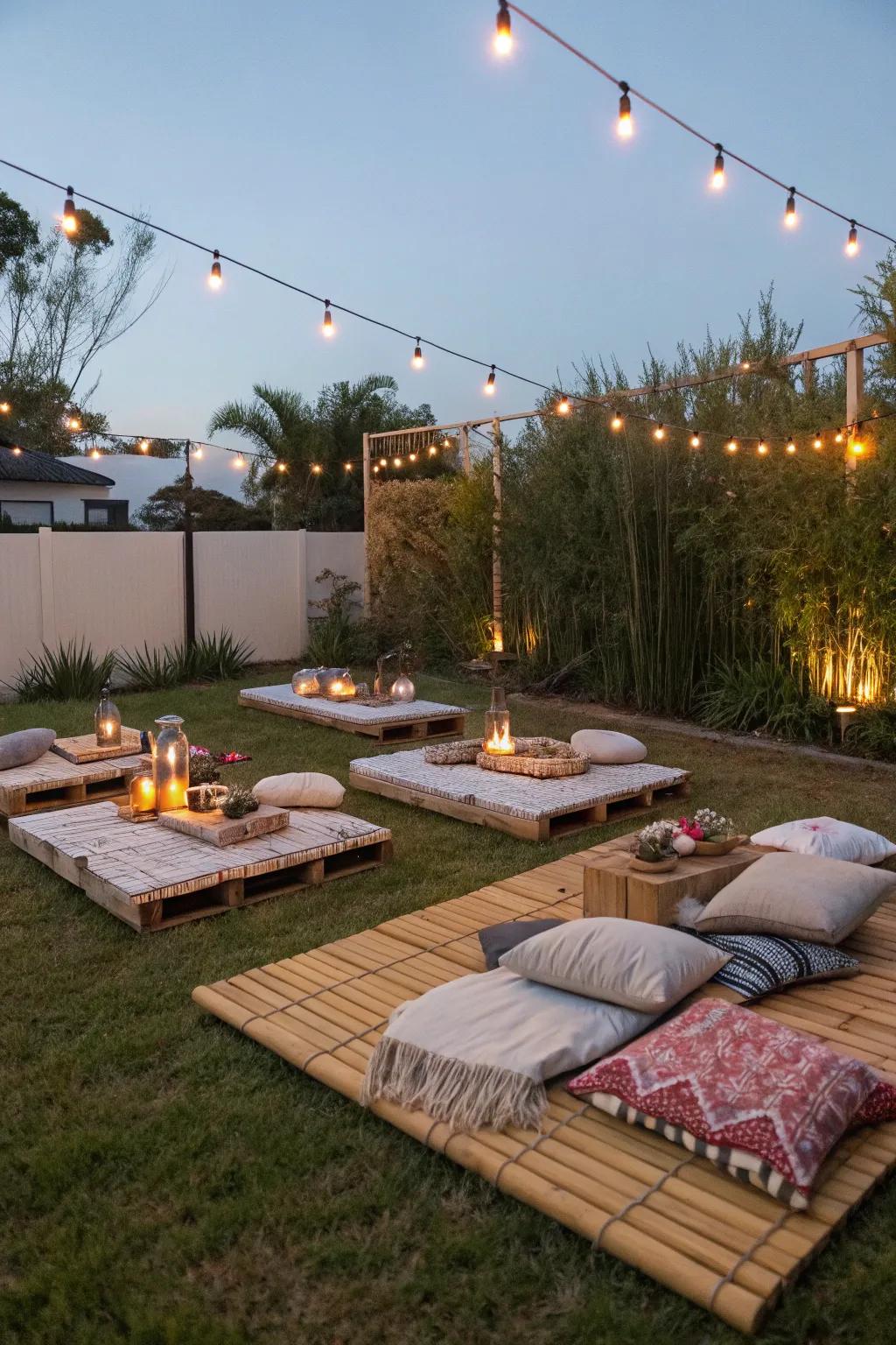 Bamboo mats forge a serene and earthy seating arrangement.