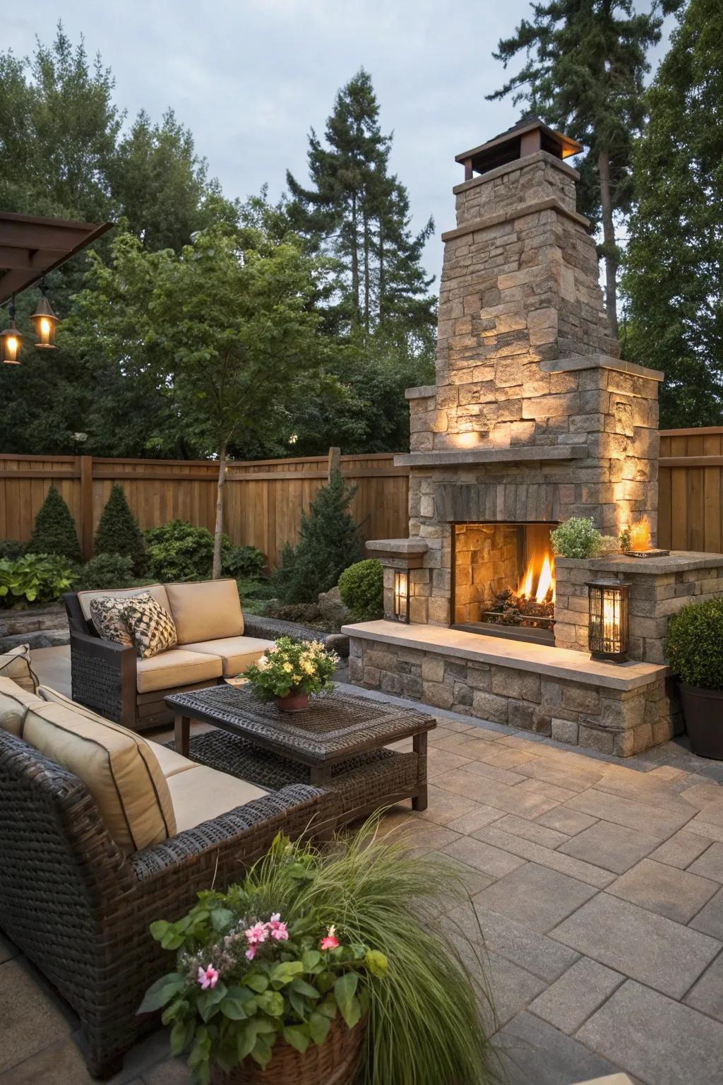 A stone hearth bestows warmth and a striking focal point.